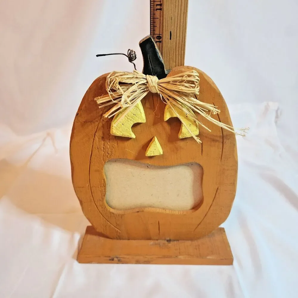 Set of 2 Rustic Wooden Halloween Photo Frames Black Cat Pumpkin Primitive Decor